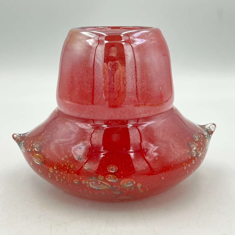 Vintage Pier 1 Hand Blown Art Glass Vase Red Controlled‎ Bubble Romania 5.25"